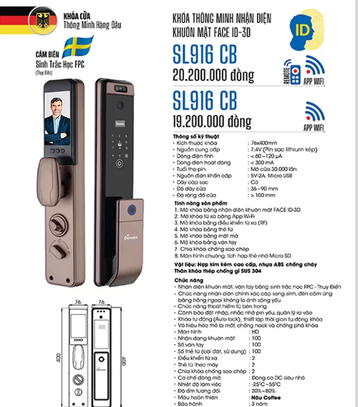 Khóa vân tay DEMAX SL916 CB REMOTE tiêu chuẩn Đức 8 Khóa vân tay DEMAX SL916 CB REMOTE tiêu chuẩn Đức