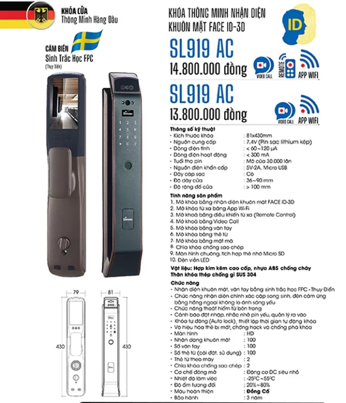 Khóa vân tay Demax SL919 AC REMOTE tiêu chuẩn Đức - khoa van tay demax sl919 ac remote tieu chuan duc8