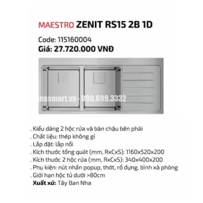 Chậu rửa bát TEKA ZENIT RS15 2B 1D 115160004