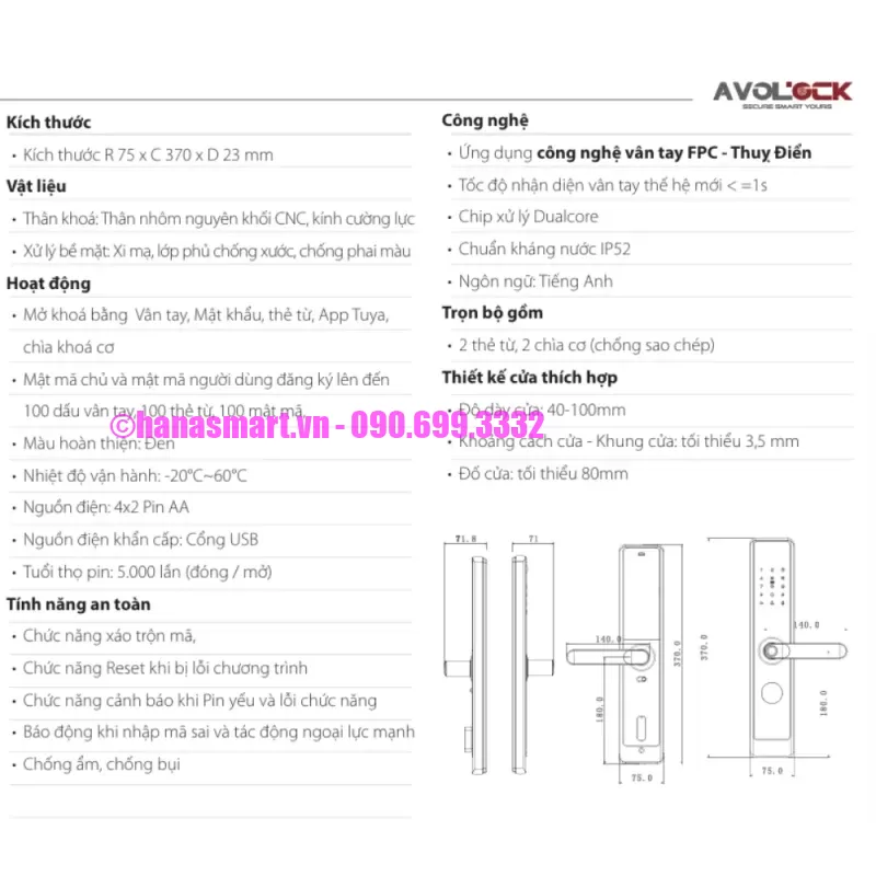 Khóa vân tay cửa gỗ AVOLOCK AV-64-B