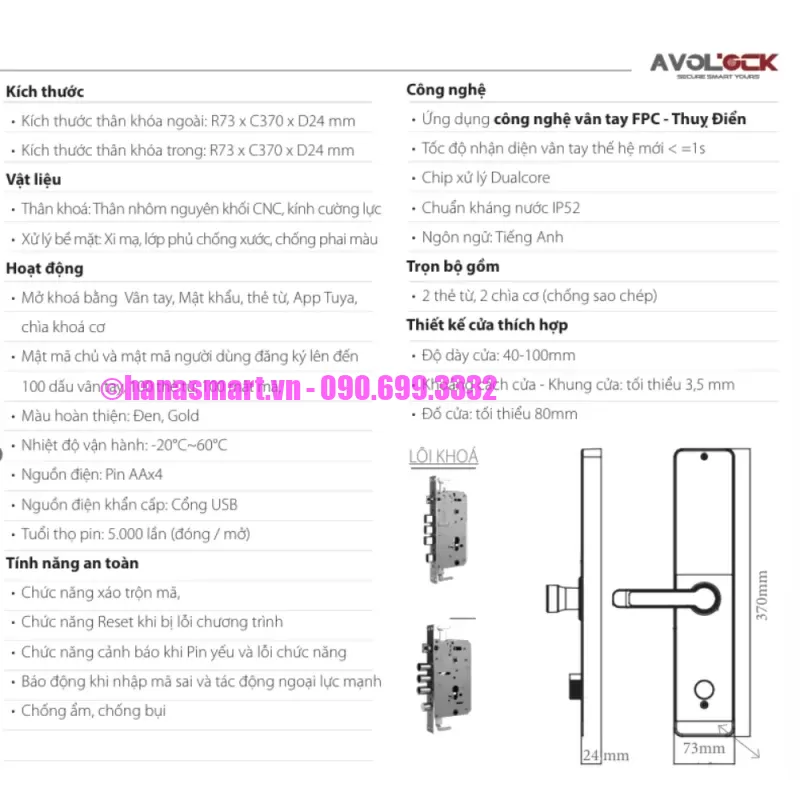 Khóa vân tay cửa gỗ AVOLOCK AV-65-B