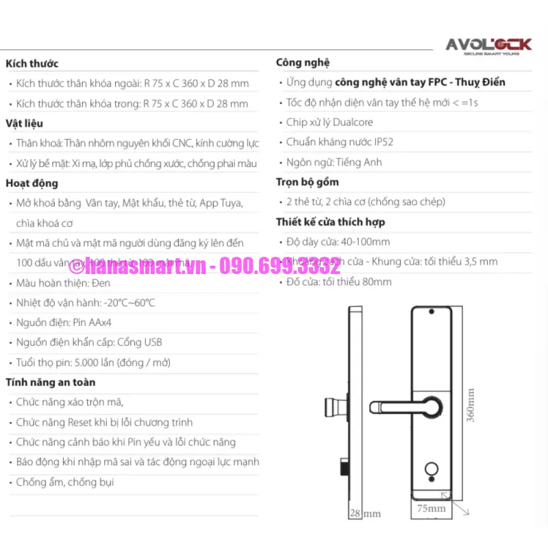 Khóa vân tay cửa gỗ AVOLOCK AV-66-B