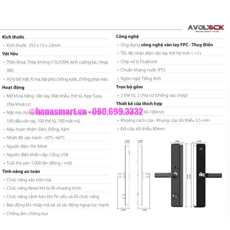 Khóa vân tay cửa gỗ AVOLOCK AV-69-B