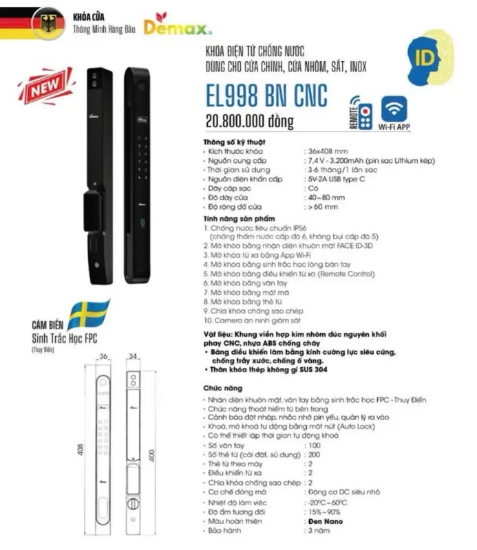 Khóa cửa nhôm DEMAX EL998 BN CNC Face ID, App, Remote tiêu chuẩn Đức - khoa cua nhom demax el998 bn cnc face id app remote tieu chuan duc5