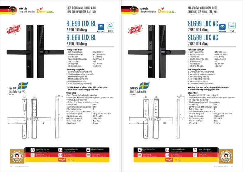Khóa cửa nhôm DEMAX SL699 LUX BL APP WIFI tiêu chuẩn Đức