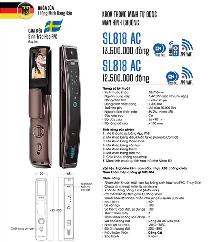 Khóa vân tay DEMAX SL818 AC REMOTE, APP WIFI tiêu chuẩn Đức 13 Khóa vân tay DEMAX SL818 AC REMOTE, APP WIFI tiêu chuẩn Đức