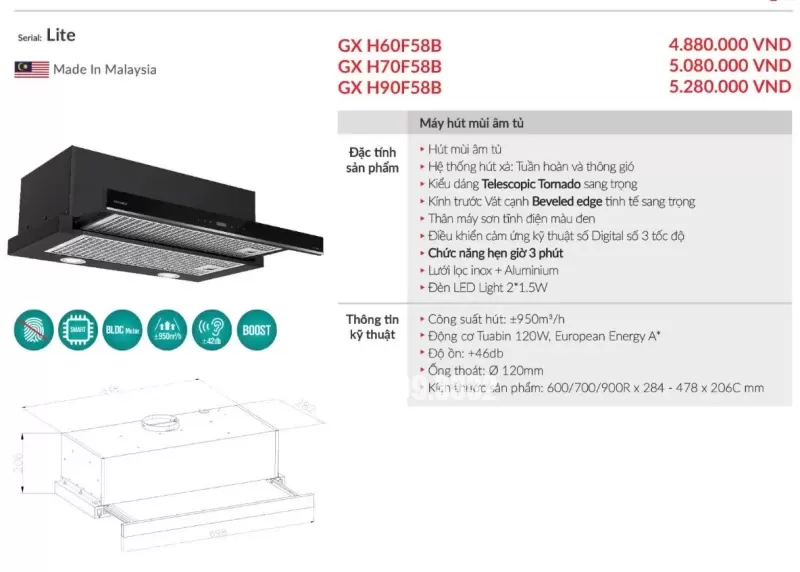 Máy hút mùi âm tủ GrandX GX H60F58B