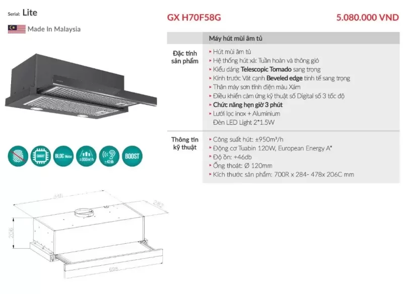 Máy hút mùi âm tủ GrandX GX H70F58G