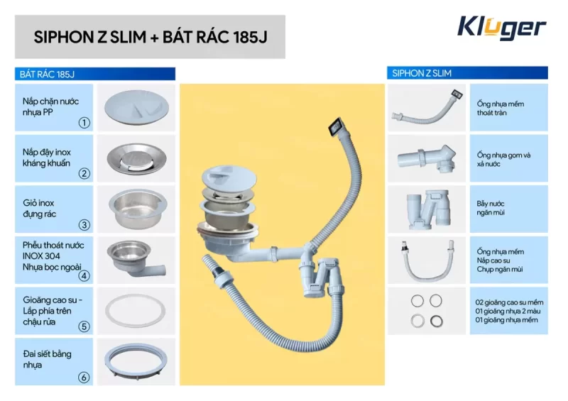 Siphon chậu rửa bát 1 hố Kluger Z-SLIM 8 Siphon chậu rửa bát 1 hố Kluger Z-SLIM