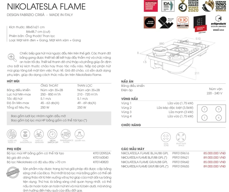 Bếp gas kết hợp hút mùi Elica NIKOLATESLA FLAME BL/F/88 PRF0159621 18 Bếp gas kết hợp hút mùi Elica NIKOLATESLA FLAME BL/F/88 PRF0159621