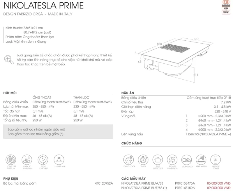 Bếp từ kết hợp hút mùi Elica NIKOLATESLA PRIME BL/F/83 PRF0143159A 16 Bếp từ kết hợp hút mùi Elica NIKOLATESLA PRIME BL/F/83 PRF0143159A