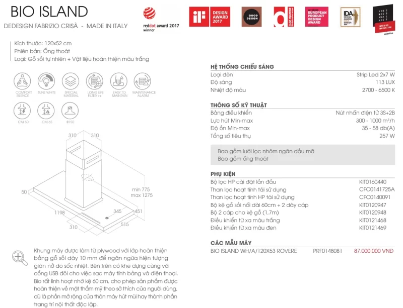 Máy hút mùi Elica BIO ISLAND WH/A/120X53 ROVERE PRF0148081 12 Máy hút mùi Elica BIO ISLAND WH/A/120X53 ROVERE PRF0148081