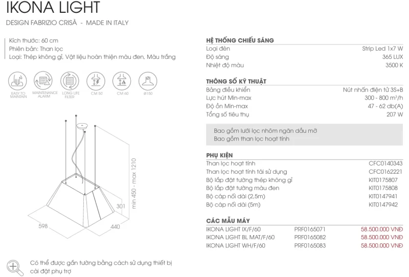 Máy hút mùi Elica IKONA LIGHT IX/F/60 PRF0165071 10 Máy hút mùi Elica IKONA LIGHT IX/F/60 PRF0165071