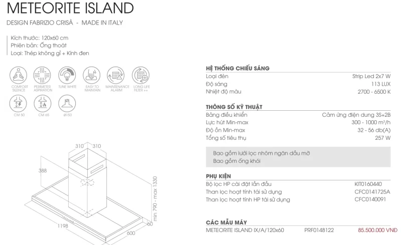 Máy hút mùi Elica METEORITE ISLAND IX/A/120×60 PRF0148122 14 Máy hút mùi Elica METEORITE ISLAND IX/A/120×60 PRF0148122