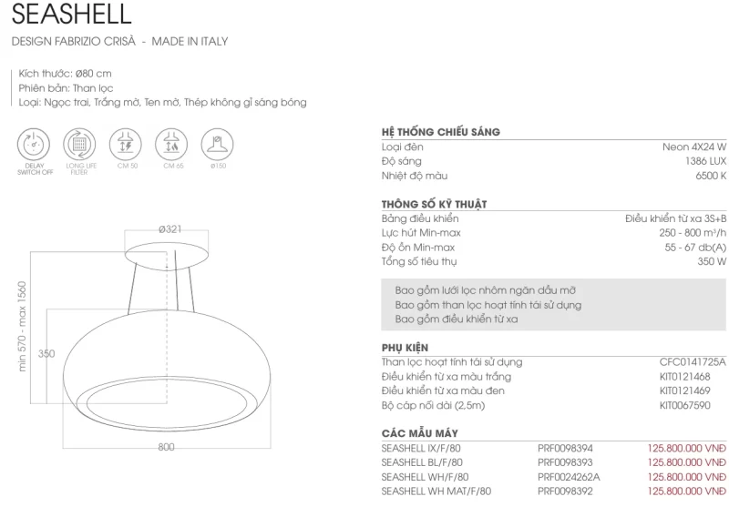 Máy hút mùi Elica SEASHELL WH/F/80 PRF0024262A 14 Máy hút mùi Elica SEASHELL WH/F/80 PRF0024262A