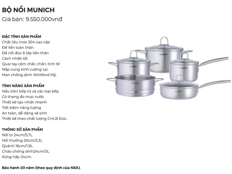 Bộ nồi chảo 5 món Kocher Munich 20 Bộ nồi chảo 5 món Kocher Munich