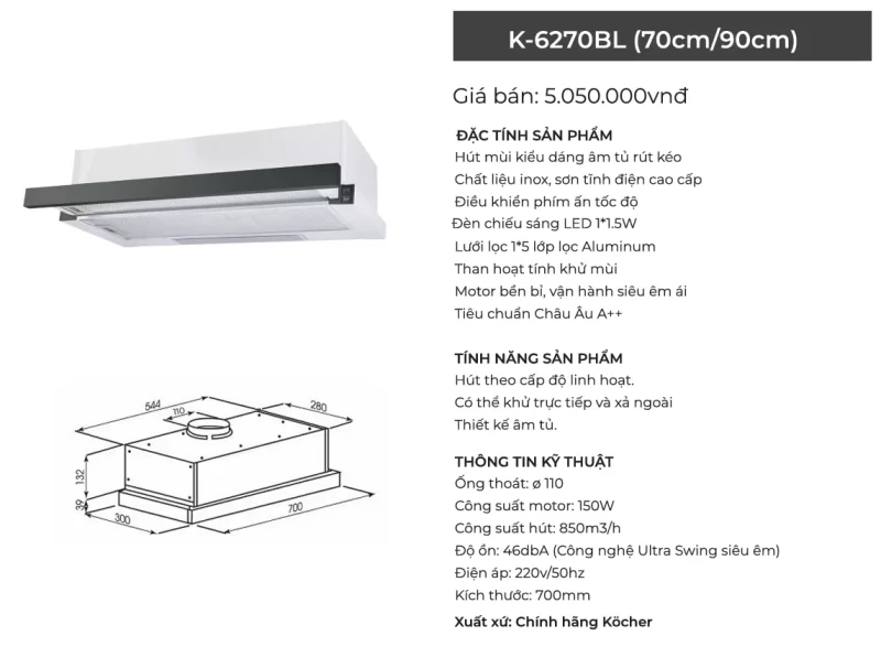 Máy hút mùi Kocher K-6270BL 14 Máy hút mùi Kocher K-6270BL