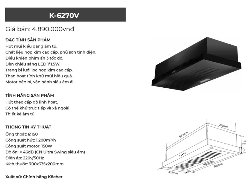Máy hút mùi Kocher K-6270V 23 Máy hút mùi Kocher K-6270V