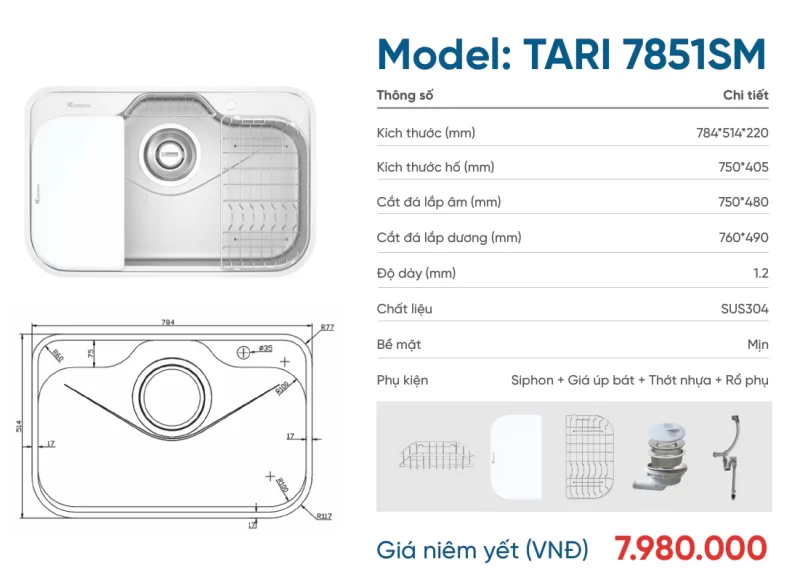Chậu rửa bát Konox Tari 7851SM 23 Chậu rửa bát Konox Tari 7851SM