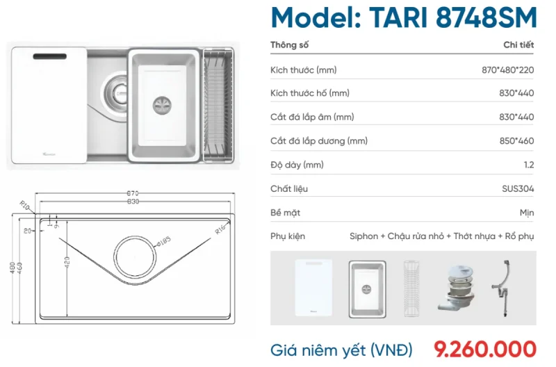 Chậu rửa bát Konox Tari 8748SM 31 Chậu rửa bát Konox Tari 8748SM