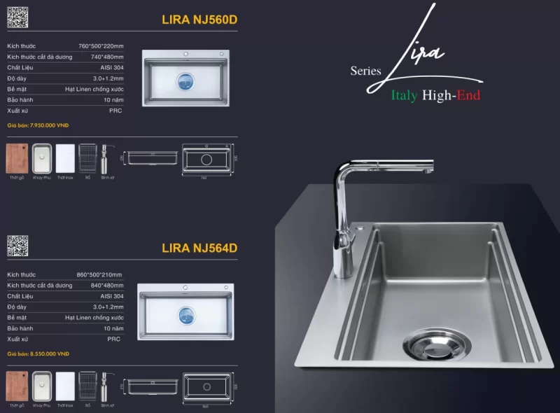 Chậu rửa bát NoBiNox LIRA NJ560D 24 Chậu rửa bát NoBiNox LIRA NJ560D