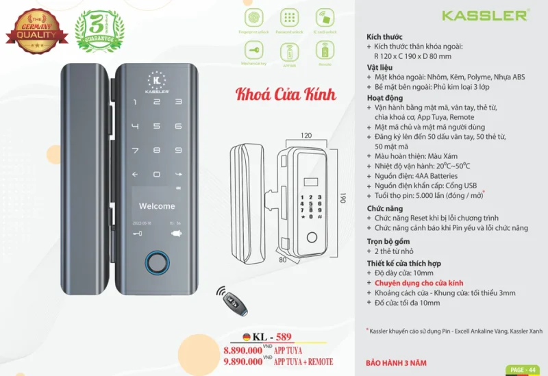 Khóa cửa kính Kassler KL-589 APP, REMOTE tiêu chuẩn Đức 14 Khóa cửa kính Kassler KL-589 APP, REMOTE tiêu chuẩn Đức