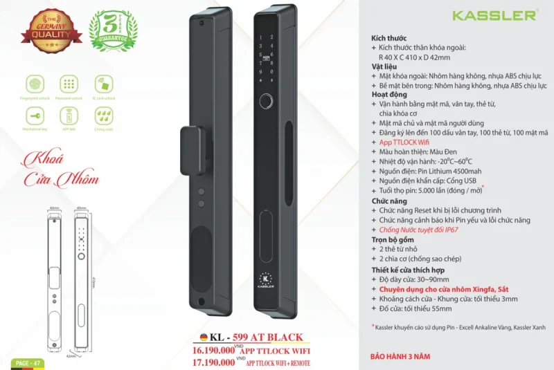 Khóa vân tay cửa nhôm Kassler KL-599 AT BLACK APP, REMOTE tiêu chuẩn Đức 15 Khóa vân tay cửa nhôm Kassler KL-599 AT BLACK APP, REMOTE tiêu chuẩn Đức