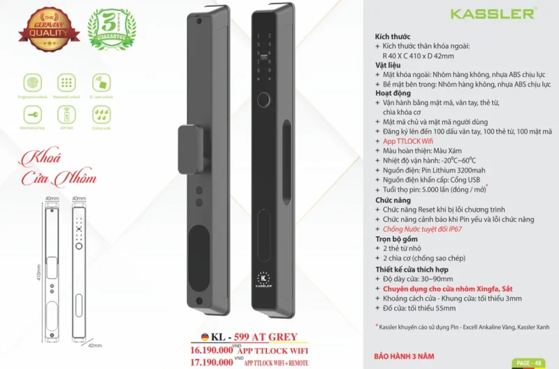 Khóa vân tay cửa nhôm Kassler KL-599 AT GREY APP, REMOTE tiêu chuẩn Đức 12 Khóa vân tay cửa nhôm Kassler KL-599 AT GREY APP, REMOTE tiêu chuẩn Đức