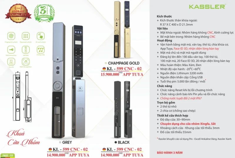 Khóa vân tay cửa nhôm Kassler KL-599 CNC-02 CHAMPAGNE GOLD APP, Face ID tiêu chuẩn Đức - khoa van tay kassler kl 599 cnc 02 champagne gold 1