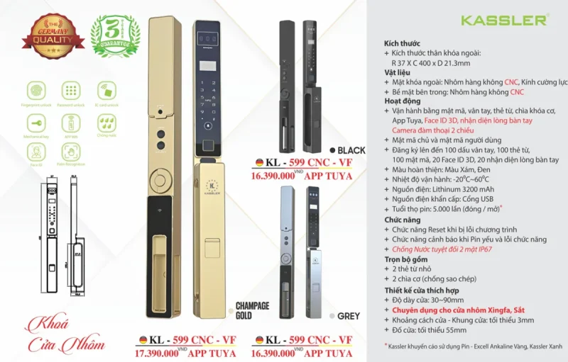 Khóa vân tay cửa nhôm Kassler KL-599 CNC-VF Champagne Gold App tiêu chuẩn Đức 10 Khóa vân tay cửa nhôm Kassler KL-599 CNC-VF Champagne Gold App tiêu chuẩn Đức