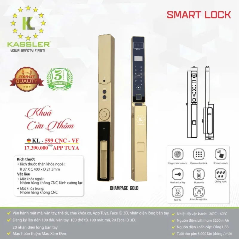 Khóa vân tay cửa nhôm Kassler KL-599 CNC-VF Champagne Gold App tiêu chuẩn Đức 12 Khóa vân tay cửa nhôm Kassler KL-599 CNC-VF Champagne Gold App tiêu chuẩn Đức