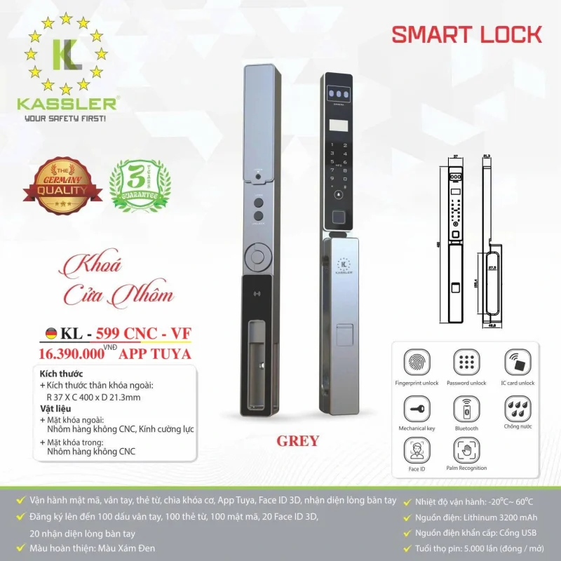 Khóa vân tay cửa nhôm Kassler KL-599 CNC-VF Grey App tiêu chuẩn Đức 15 Khóa vân tay cửa nhôm Kassler KL-599 CNC-VF Grey App tiêu chuẩn Đức