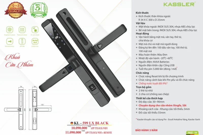 Khóa vân tay cửa nhôm Kassler KL-599 LX BLACK APP, Remote tiêu chuẩn Đức 17 Khóa vân tay cửa nhôm Kassler KL-599 LX BLACK APP, Remote tiêu chuẩn Đức