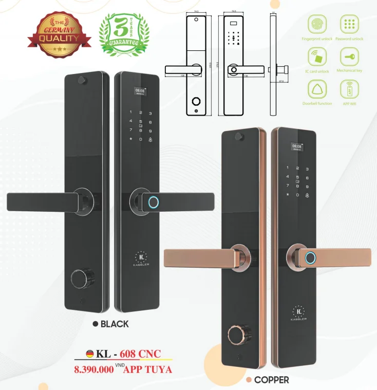 Khóa vân tay Kassler KL-608 CNC Black App tiêu chuẩn Đức 9 Khóa vân tay Kassler KL-608 CNC Black App tiêu chuẩn Đức