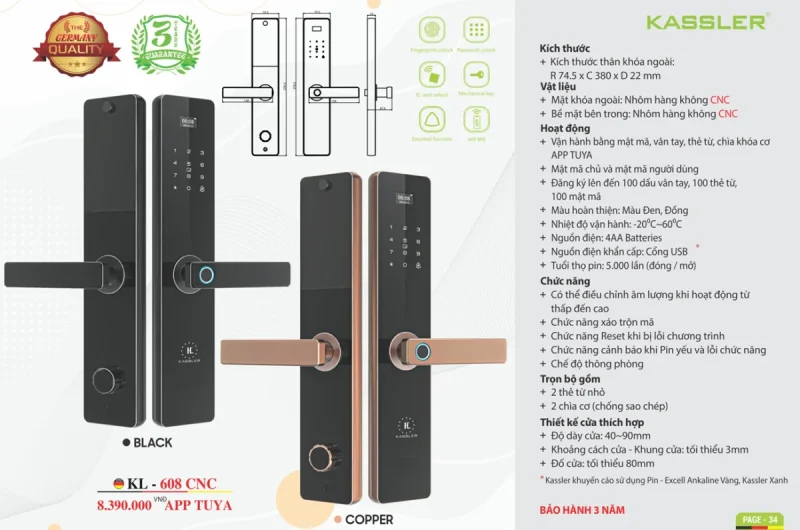 Khóa vân tay Kassler KL-608 CNC Black App tiêu chuẩn Đức 8 Khóa vân tay Kassler KL-608 CNC Black App tiêu chuẩn Đức
