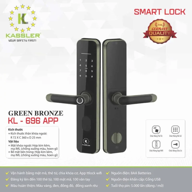 Khóa vân tay Kassler KL-696 GREEN BRONZE APP, Remote tiêu chuẩn Đức 15 Khóa vân tay Kassler KL-696 GREEN BRONZE APP, Remote tiêu chuẩn Đức