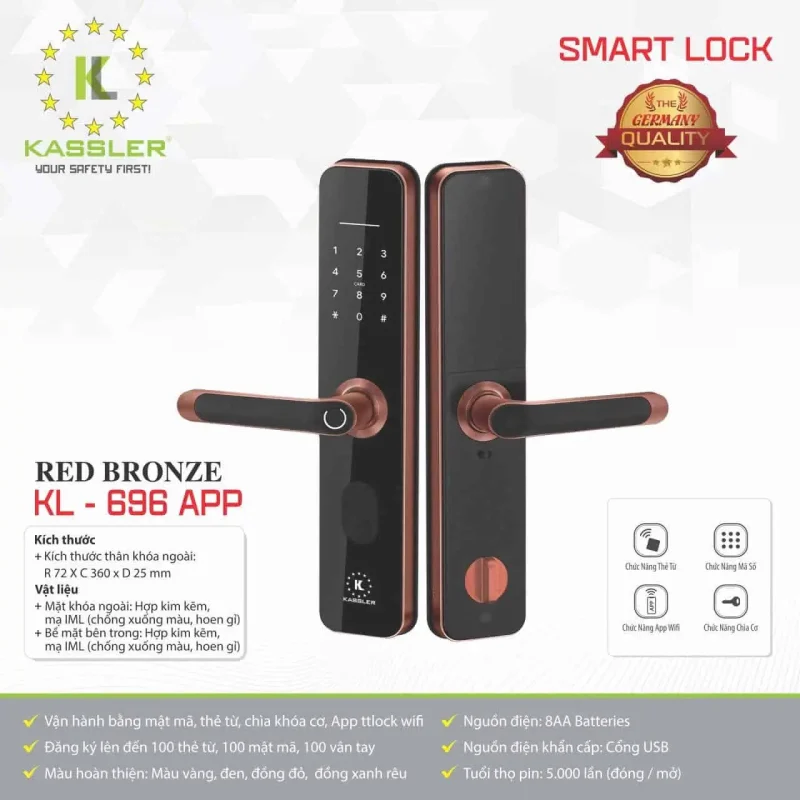 Khóa vân tay Kassler KL-696 RED BRONZE APP, Remote tiêu chuẩn Đức 14 Khóa vân tay Kassler KL-696 RED BRONZE APP, Remote tiêu chuẩn Đức