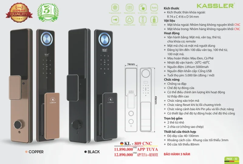 Khóa vân tay Kassler KL-809 CNC Black App, Remote tiêu chuẩn Đức - khoa van tay kassler kl 809 cnc black 3