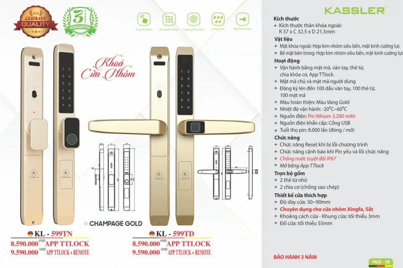 Khóa vân tay cửa nhôm Kassler KL-599 TN Champagne Gold App tiêu chuẩn Đức 8 Khóa vân tay cửa nhôm Kassler KL-599 TN Champagne Gold App tiêu chuẩn Đức
