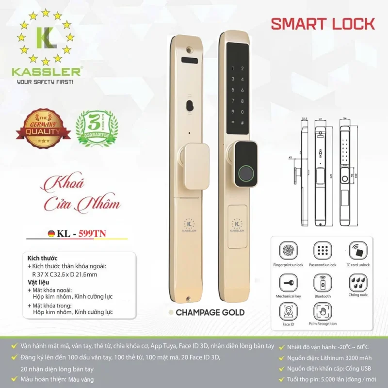 Khóa vân tay cửa nhôm Kassler KL-599 TN Champagne Gold App tiêu chuẩn Đức 9 Khóa vân tay cửa nhôm Kassler KL-599 TN Champagne Gold App tiêu chuẩn Đức