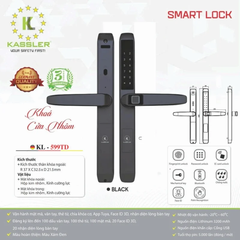 Khóa vân tay cửa nhôm Kassler KL-599TD Black APP tiêu chuẩn Đức - khoa van tay kassler kl 599td black app 4