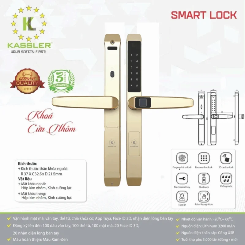 Khóa vân tay cửa nhôm Kassler KL-599TD Champagne Gold App tiêu chuẩn Đức 9 Khóa vân tay cửa nhôm Kassler KL-599TD Champagne Gold App tiêu chuẩn Đức