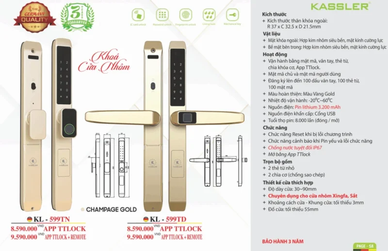 Khóa vân tay cửa nhôm Kassler KL-599TD Champagne Gold App tiêu chuẩn Đức 8 Khóa vân tay cửa nhôm Kassler KL-599TD Champagne Gold App tiêu chuẩn Đức
