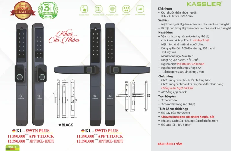 Khóa vân tay cửa nhôm Kassler KL-599TD Plus App, Remote tiêu chuẩn Đức 9 Khóa vân tay cửa nhôm Kassler KL-599TD Plus App, Remote tiêu chuẩn Đức