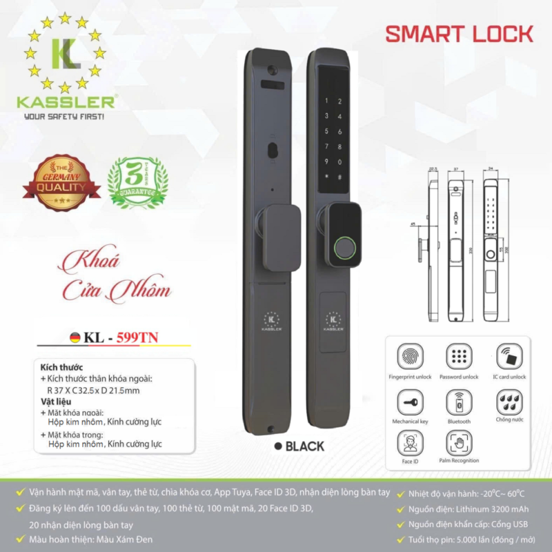 Khóa vân tay cửa nhôm Kassler KL-599TN Black APP tiêu chuẩn Đức - khoa van tay kassler kl 599tn black app