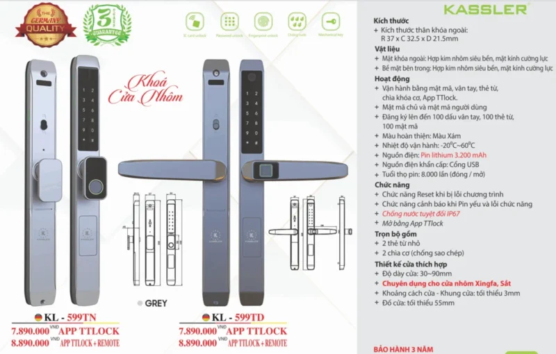 Khóa vân tay cửa nhôm Kassler KL-599TN Grey APP tiêu chuẩn Đức - khoa van tay kassler kl 599tn grey app 1