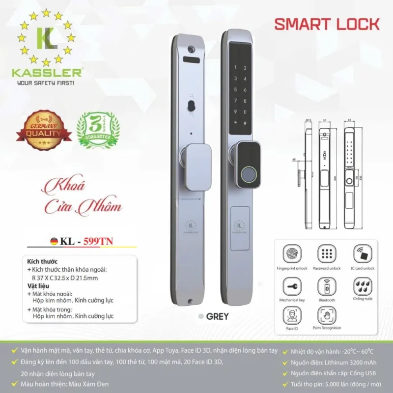Khóa vân tay cửa nhôm Kassler KL-599TN Grey APP, Remote tiêu chuẩn Đức - khoa van tay kassler kl 599tn grey app remote 4