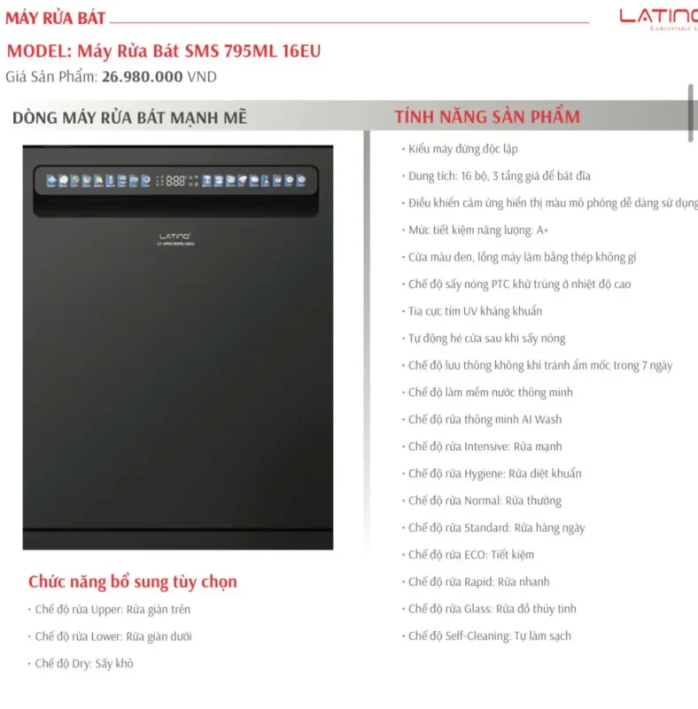 Máy rửa bát Latino SMS 795ML 16EU 22 Máy rửa bát Latino SMS 795ML 16EU