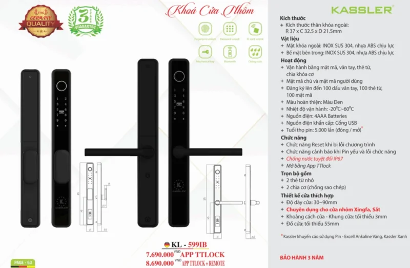Khóa vân tay cửa nhôm Kassler KL-599IB APP, REMOTE tiêu chuẩn Đức 12 Khóa vân tay cửa nhôm Kassler KL-599IB APP, REMOTE tiêu chuẩn Đức
