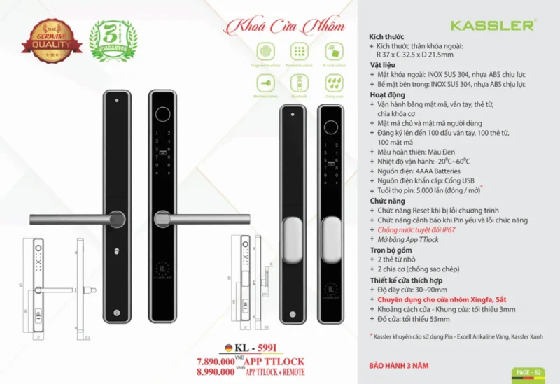 Khóa vân tay cửa nhôm Kassler KL-599I APP, REMOTE tiêu chuẩn Đức 15 Khóa vân tay cửa nhôm Kassler KL-599I APP, REMOTE tiêu chuẩn Đức
